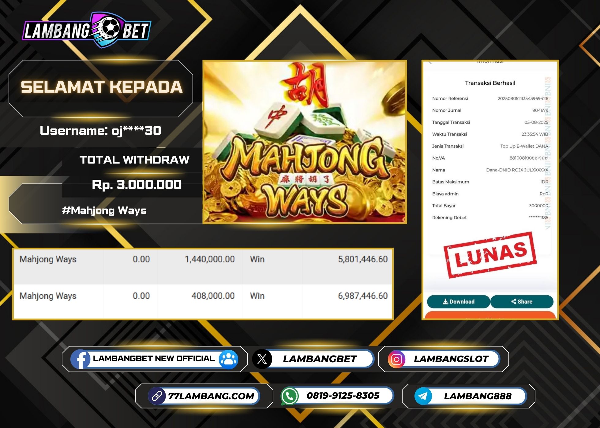 LAMBANGBET [5 AUGUST 2025] II JACKPOT SLOT Mahjong Ways "Rp3.000.000" LUNAS